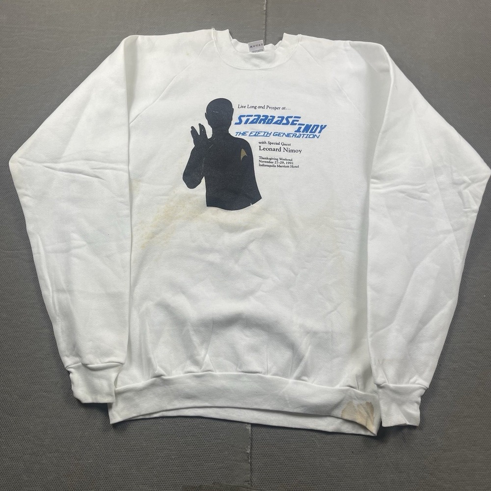 Vintage Star Trek Crewneck Sweater Mens XXL White Starbase Indy Lenard Nimoy USA